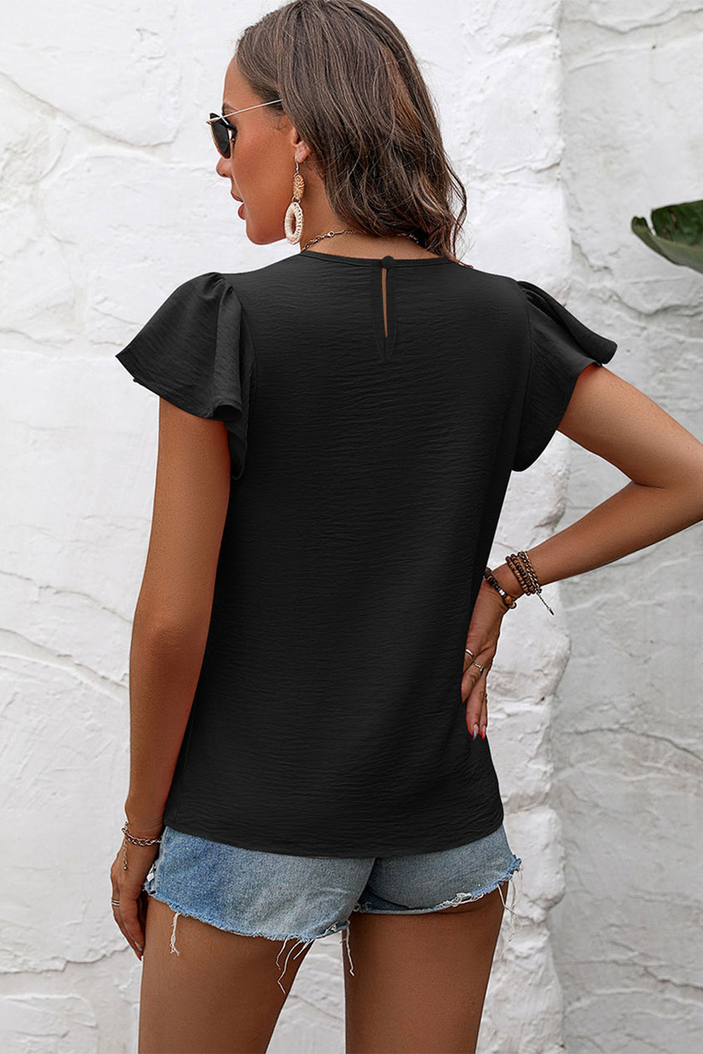 Chic and Modern Black Blouse with Flounce Sleeves and Pleated Detail - Detail View 2
