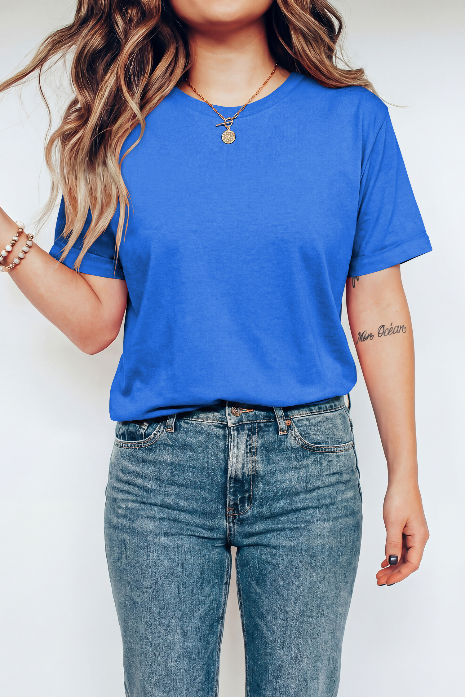 Women's Casual Dark Blue Cotton Blend Tee – Breathable Short Sleeve Round Neck Spring Top - Detail View 2
