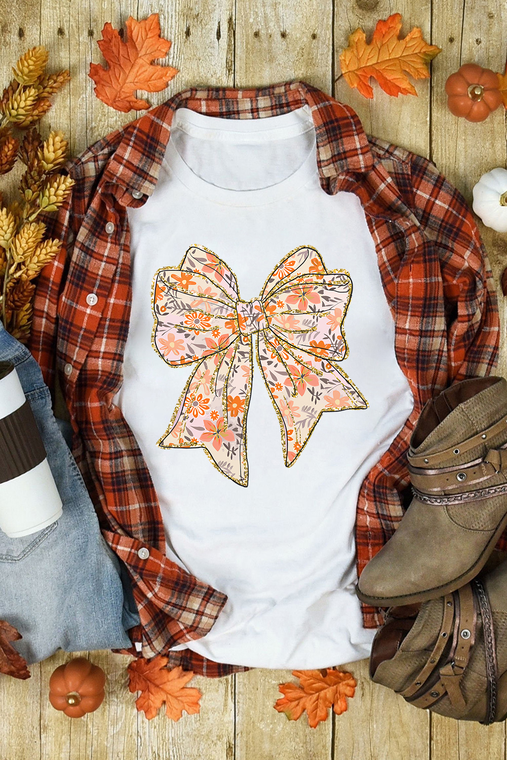 Charming Floral Bow Graphic Tee with Glitter Trim - Soft Cotton Blend for Comfort - Detail View 2