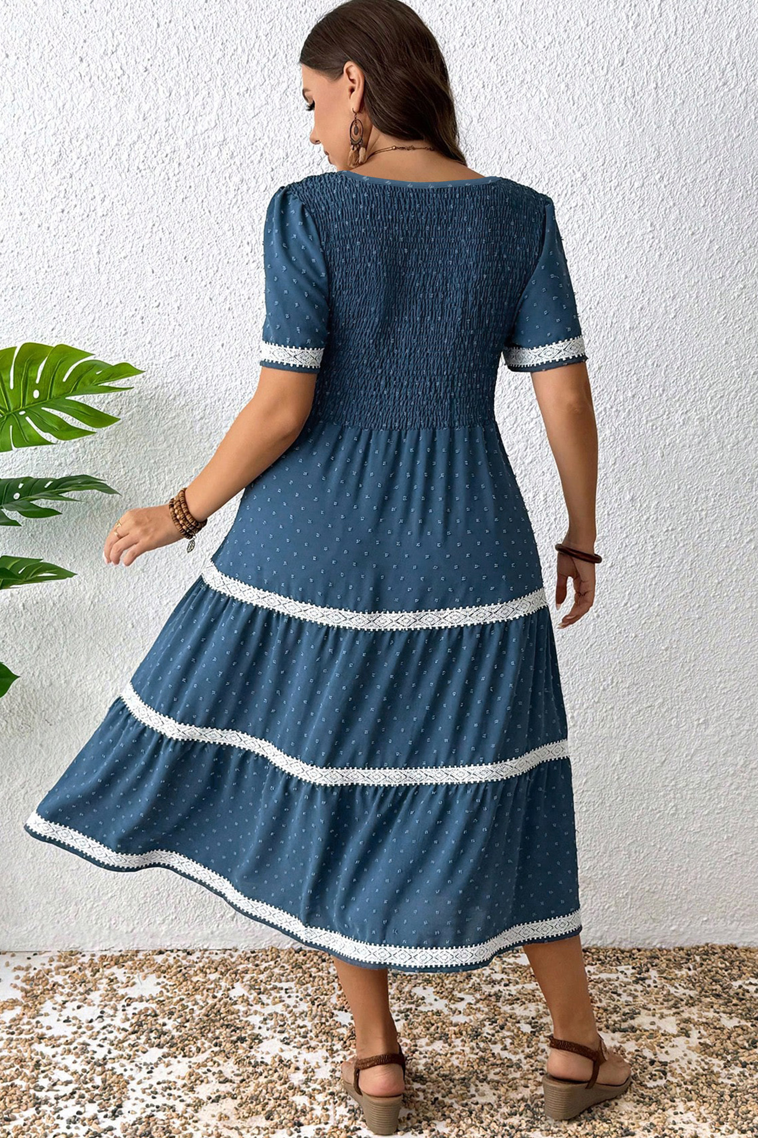 Dusk Blue Casual Midi Dress for Women – Smocked Swiss Dot Lace Patchwork Dress for Summer Vacation - Detail View 3