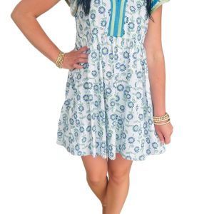 Women's Sky Blue Floral Mini Dress – Flutter Sleeve Shift Dress with Contrast Trim - Main View