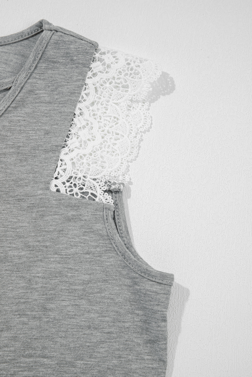 Chic Gray V Neck Tank Top with Delicate Lace Patchwork and Criss Cross Design - Detail View 10