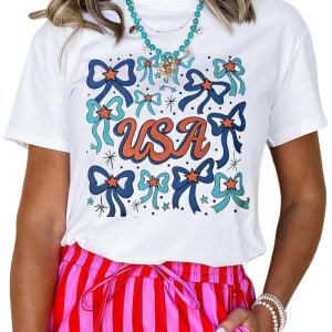 Women's White USA Bowknot Graphic Tee - Casual Independence Day Shirt - Main View