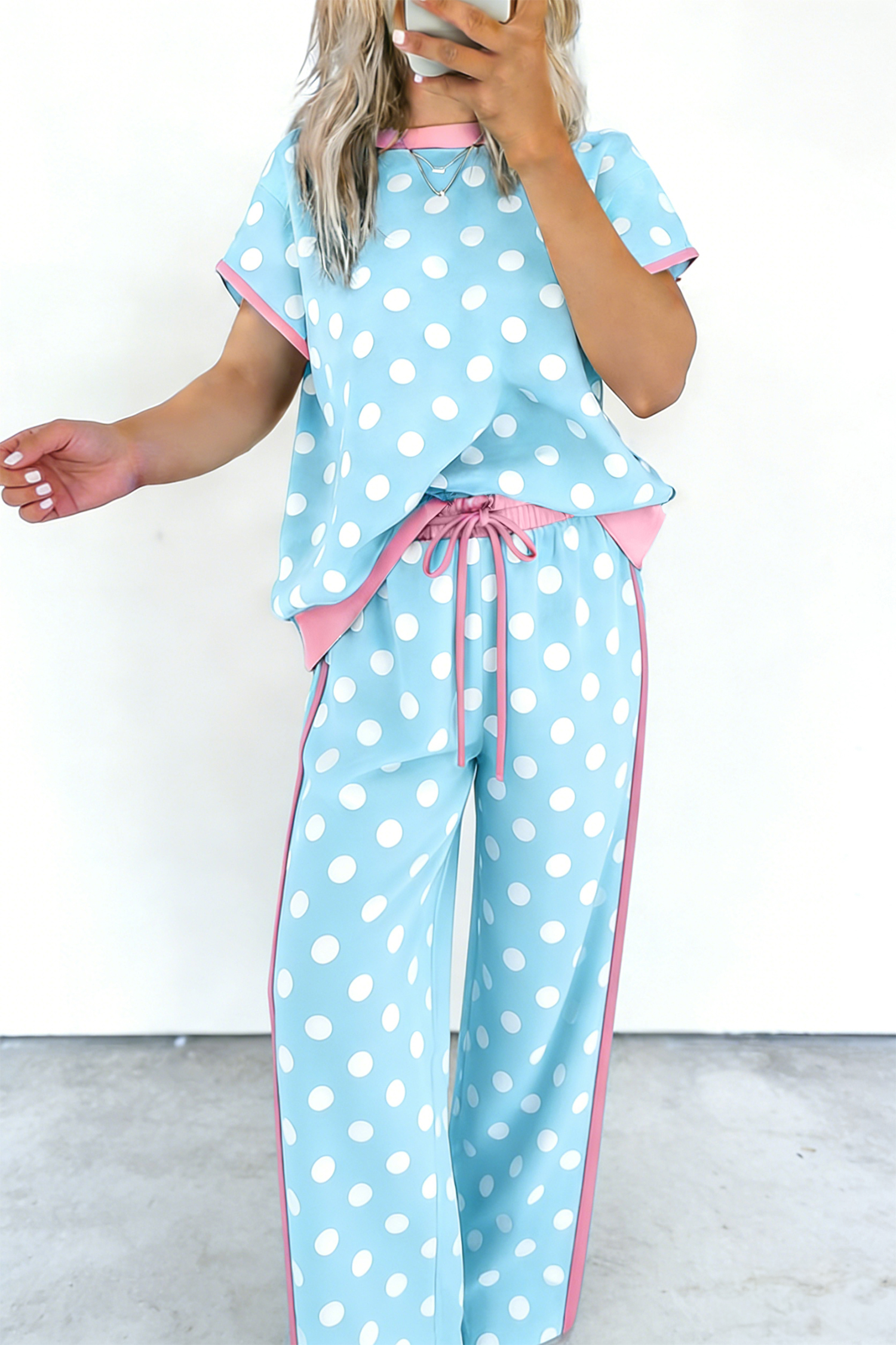 Retro Polka Dot Short Sleeve Lounge Set for Women – Colorblock Sky Blue Shift Top and High Waist Trousers - Detail View 2