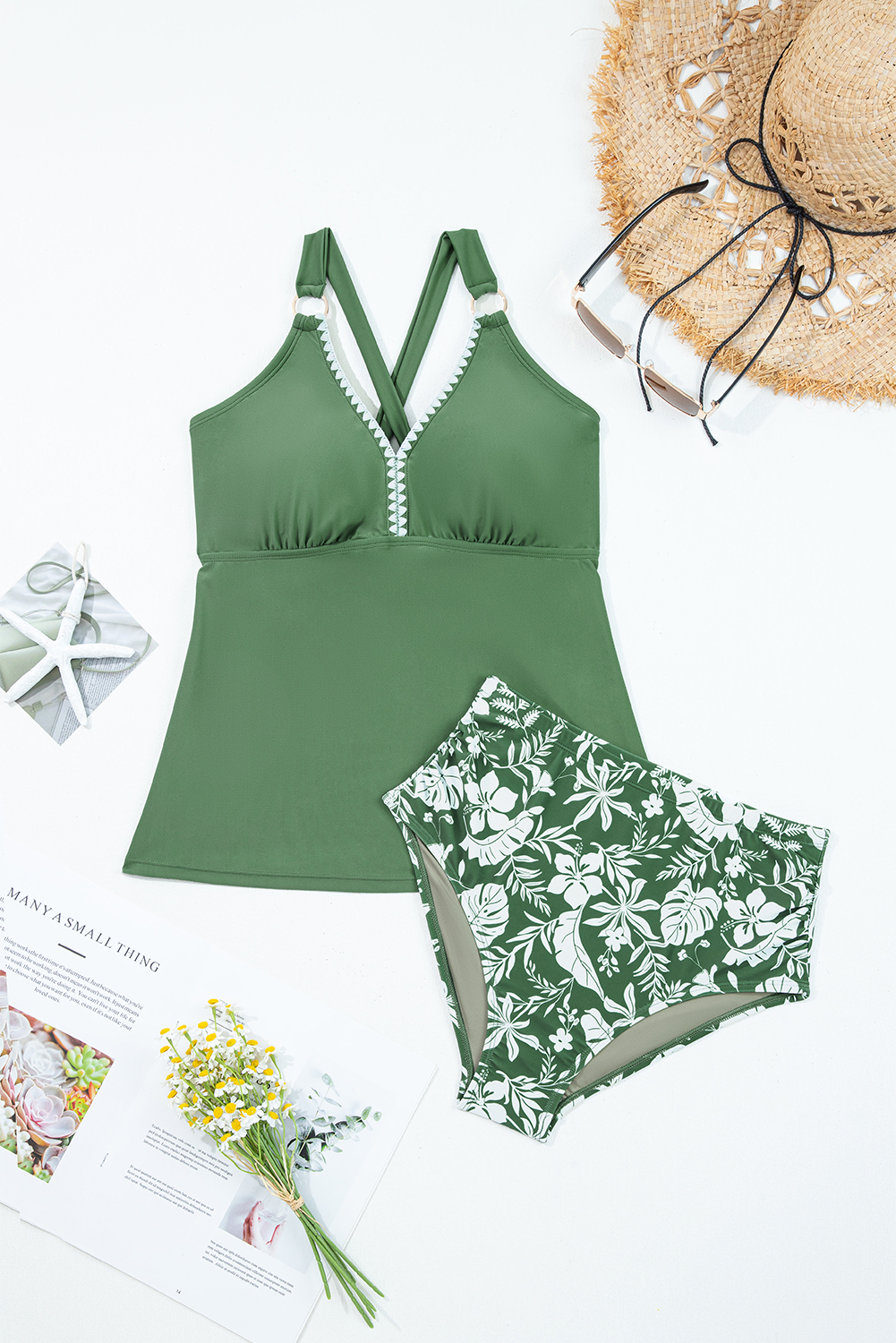 Women's Tankini Set – Floral Print Swim Shorts with O-Ring V-Neck Top, Summer Vacation Outfit - Detail View 7