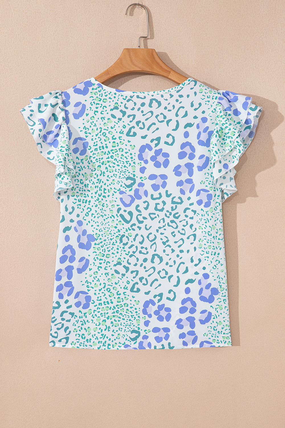 Trendy Sky Blue Leopard Print Layered Ruffle Short Sleeve Casual Blouse for Women - Detail View 5