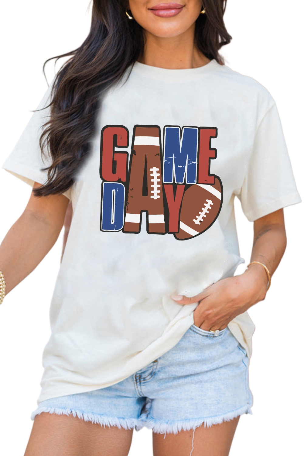 Women's White GAME DAY Football Letter Graphic T-Shirt - Casual Crew Neck Tee - Main View