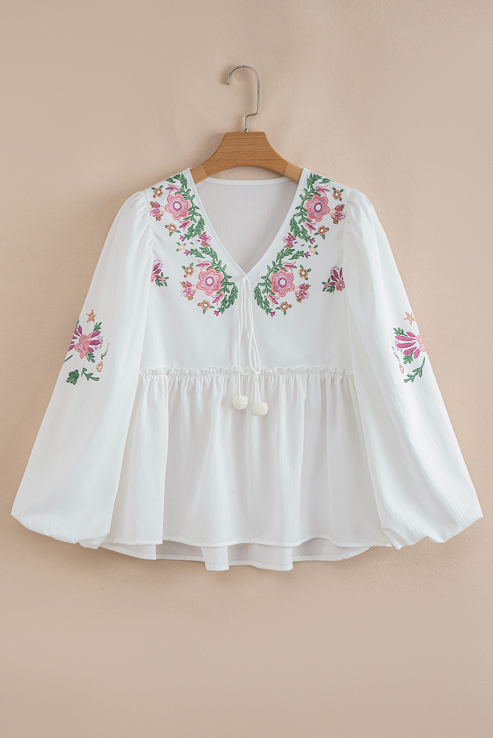 Women's White Floral Lace-Up V Neck Babydoll Blouse with Balloon Sleeves - Detail View 5