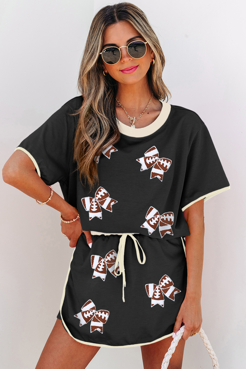 Trendy Colorblock Edge Tee with Sequin Bow Design - Perfect for Game Day - Detail View 6