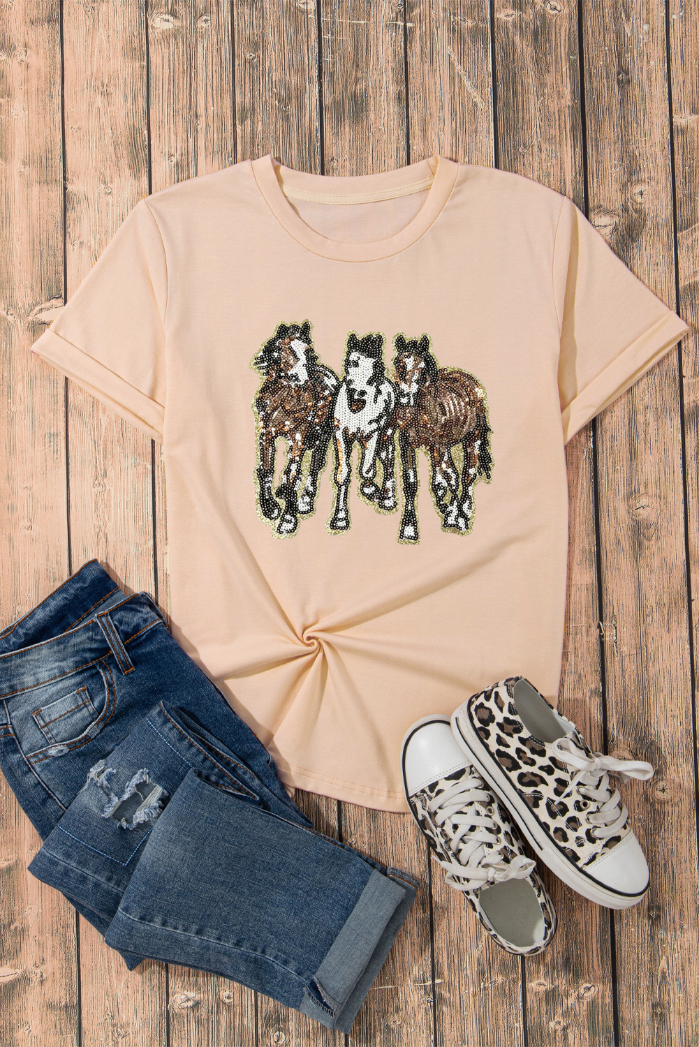 Women's T-Shirt, Khaki, Sequin, Horses Patch, Casual, Crewneck, Short Sleeve, Western Graphic, Comfortable, Breathable Fabric, Daily Wear, Summer Style, Unique Design, Fashion Tee, Graphic Tees - Detail View 8