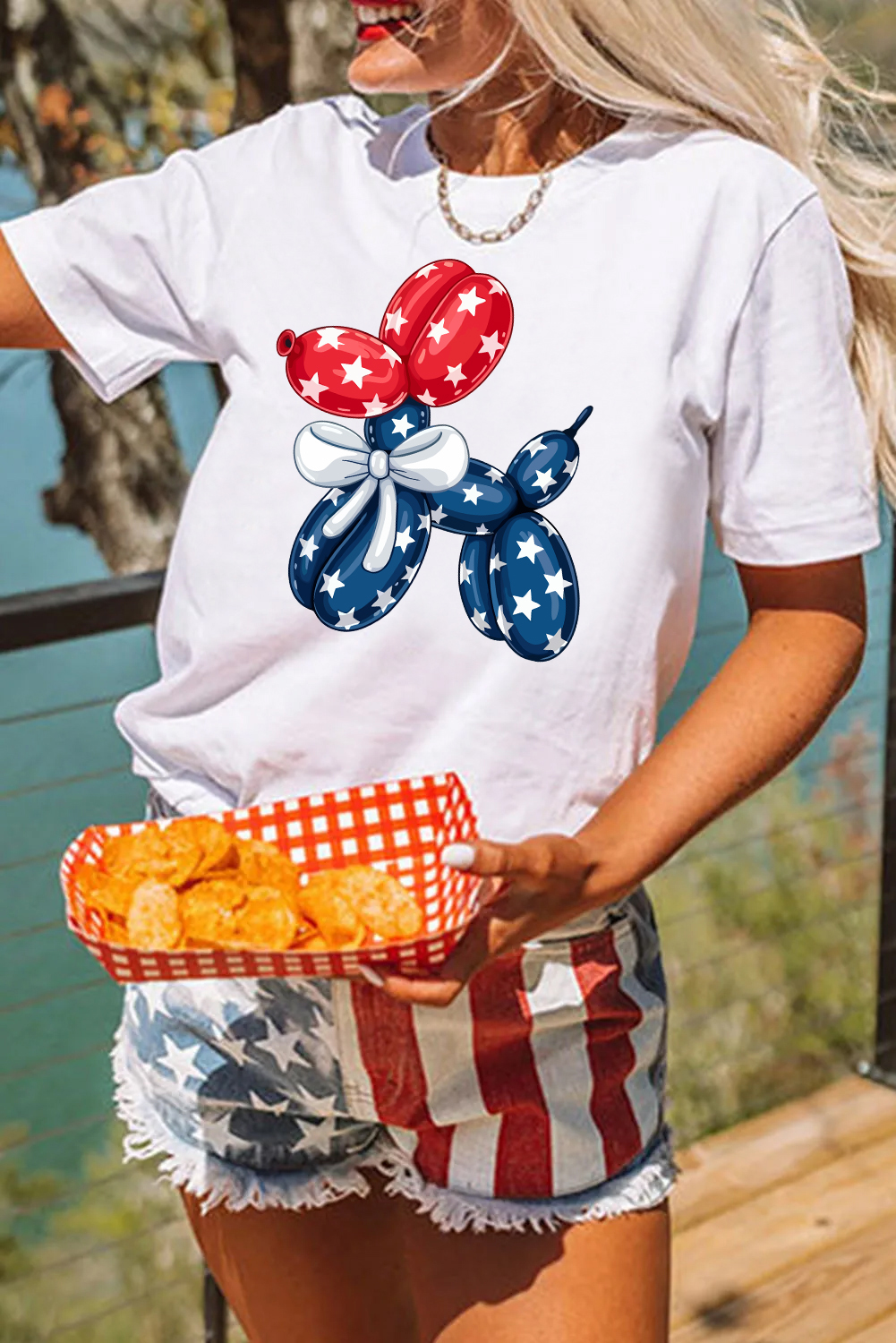 Patriotic Round Neck Tee with Cute Balloon Dog Design - Perfect for Summer - Detail View 6
