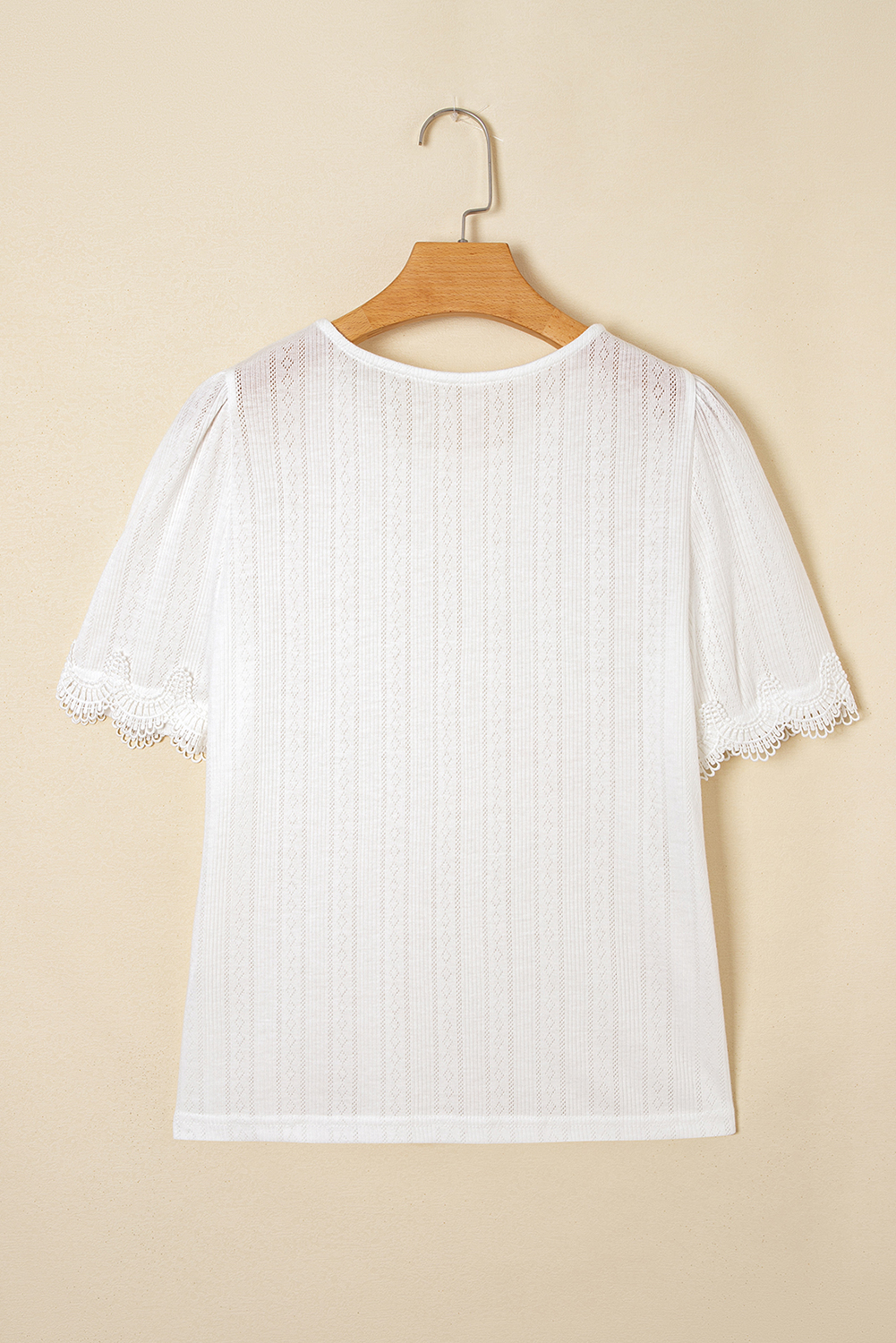 Women's T-Shirt, White, Scalloped Lace Trim, Jacquard Texture, Casual, Elegant, Comfortable, Daily Wear, Short Sleeve, Round Neck, Versatile Styling, Soft Material, Modern Style, Tops & Tees - Detail View 8