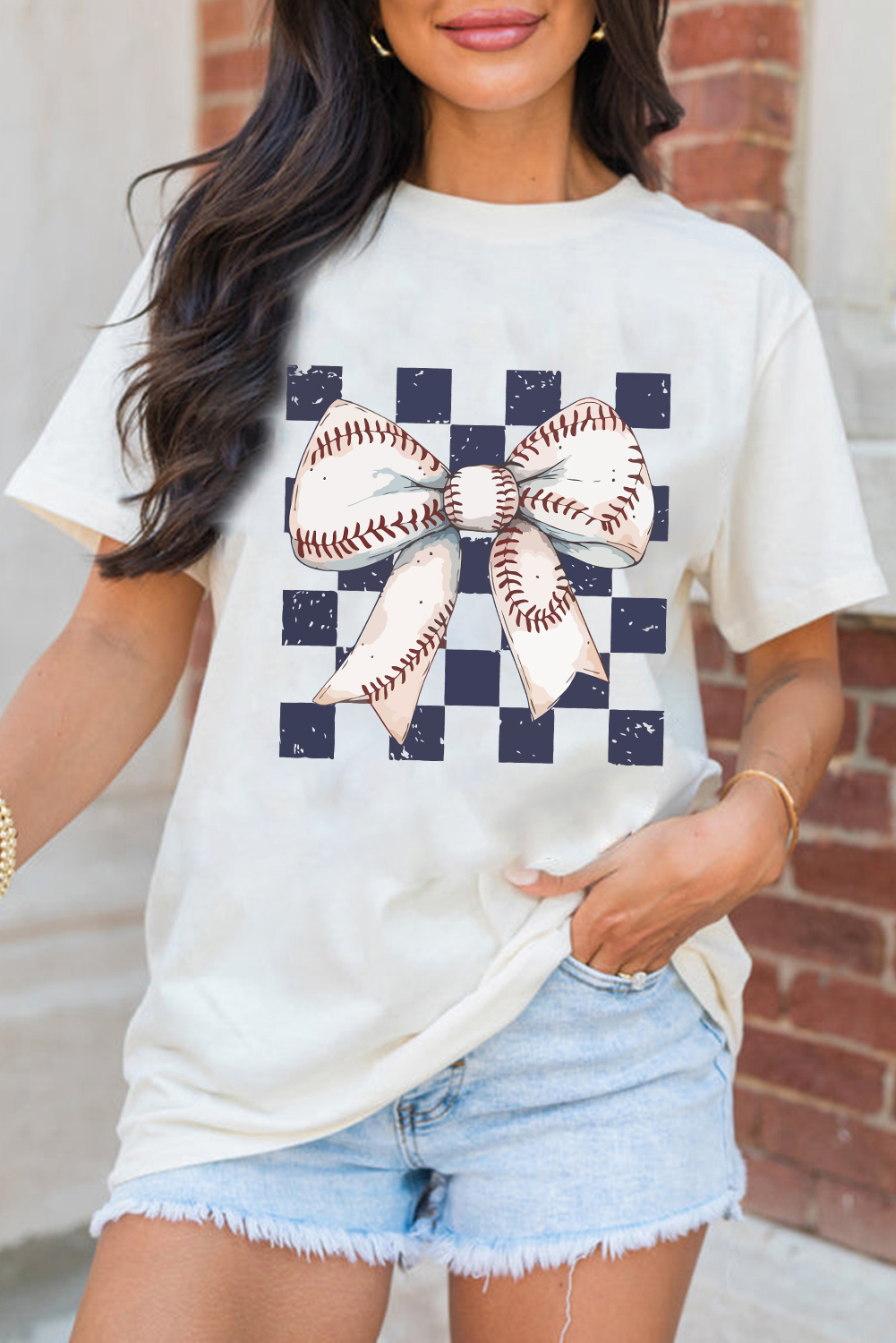 Women's White Checkered Rugby Bowknot Graphic Crew T-Shirt for Casual Style - Detail View 5