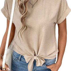 Women's Parchment Solid Color Short Sleeve Blouse with Knotted Hem - Main View