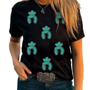 Women's Black Western Turquoise Sequin Patched Graphic T-Shirt - Main View