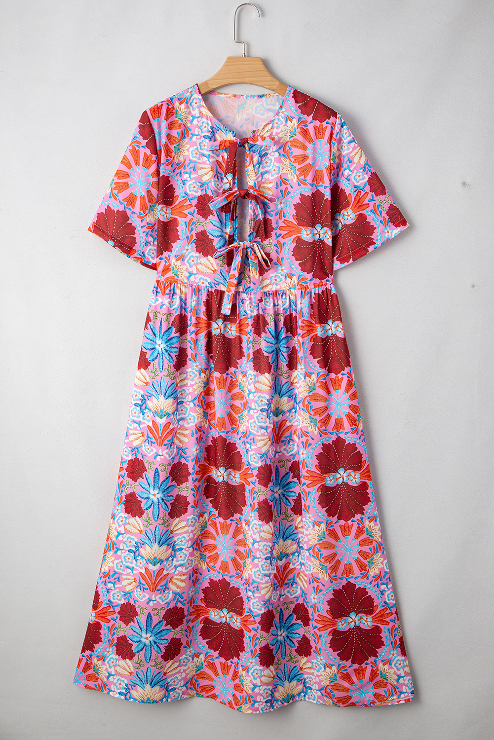 Women's Rose Floral Tied Front High Waist Maxi Dress - Short Sleeve Loose Fit - Detail View 9
