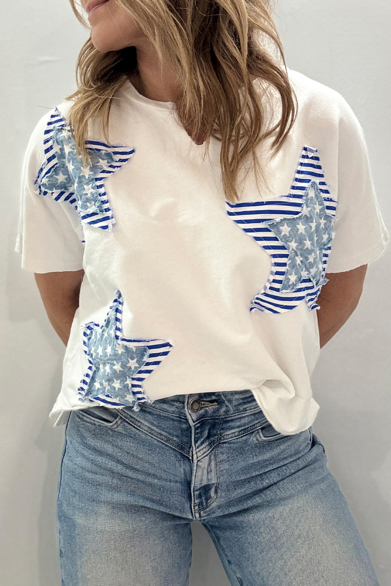 Patriotic Star Print V-Neck T-Shirt – Women's Casual Mineral Washed Shift Top - Detail View 5