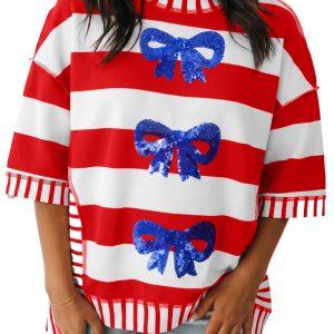 Women's Red Striped Patriotic Top – Sequin Bow Half Sleeve Shirt, Casual Independence Day Outfit - Main View