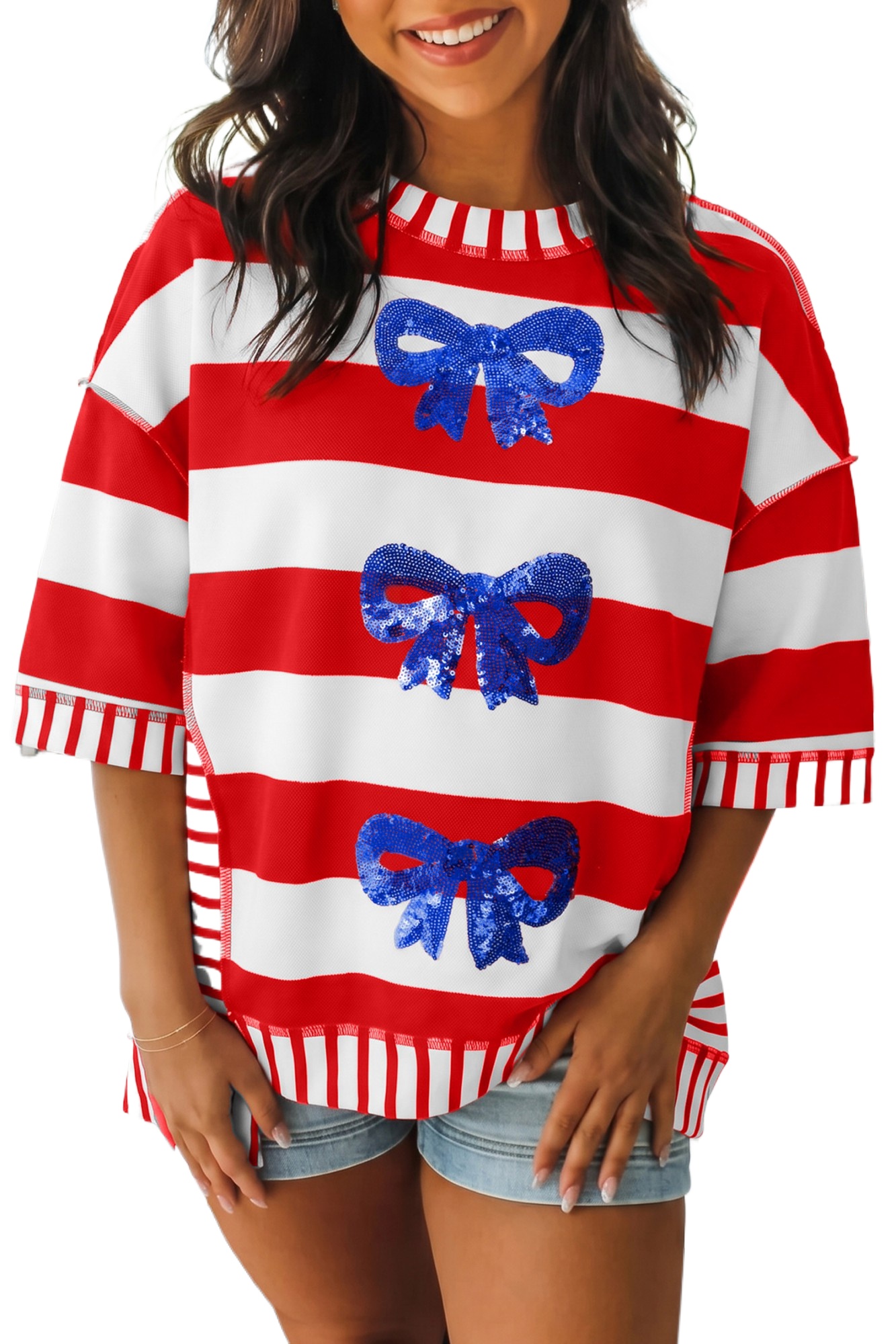 Women's Red Striped Patriotic Top – Sequin Bow Half Sleeve Shirt, Casual Independence Day Outfit - Main View