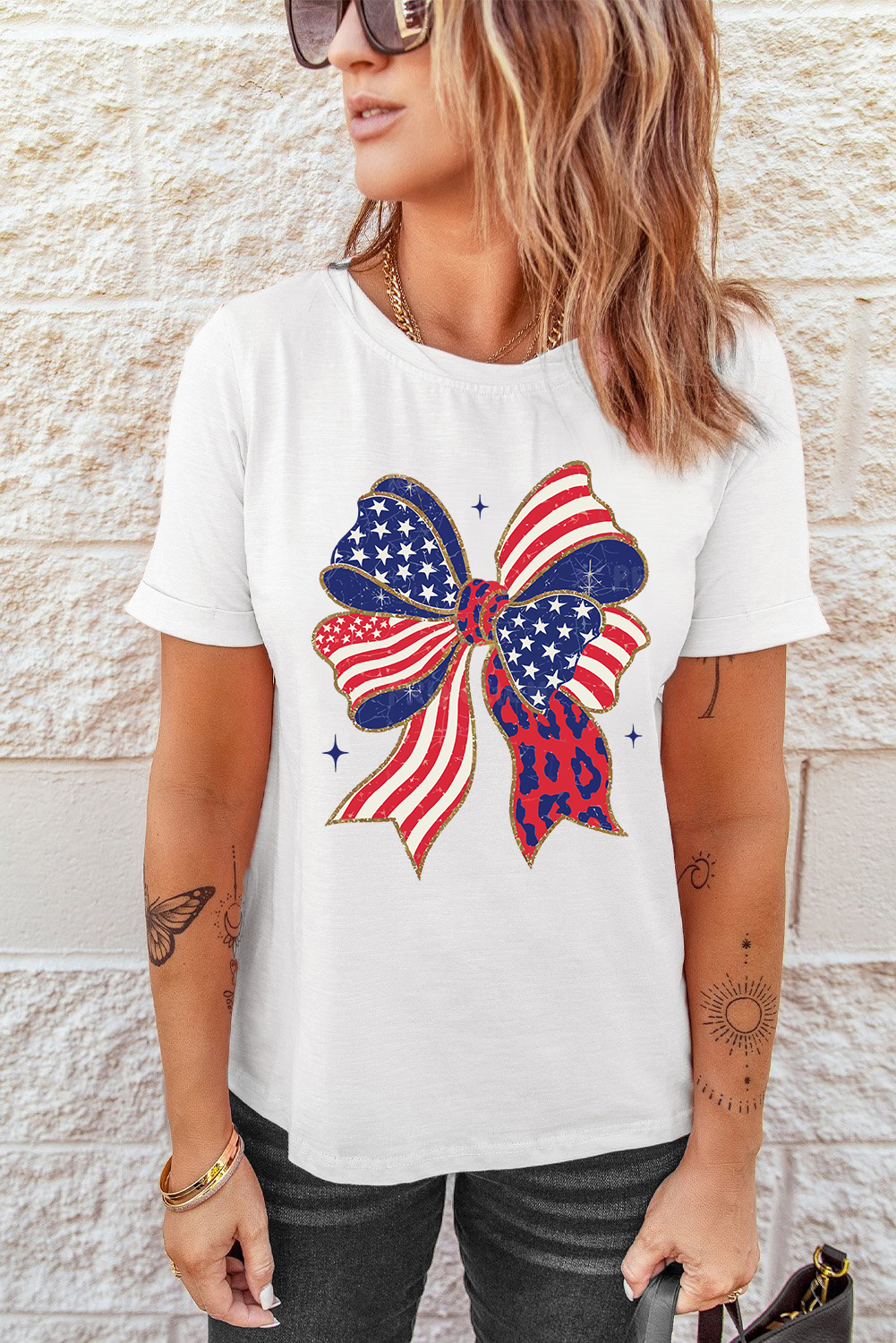 Casual Round Neck Tee with Playful Bow Accent - Independence Day Style - Detail View 10