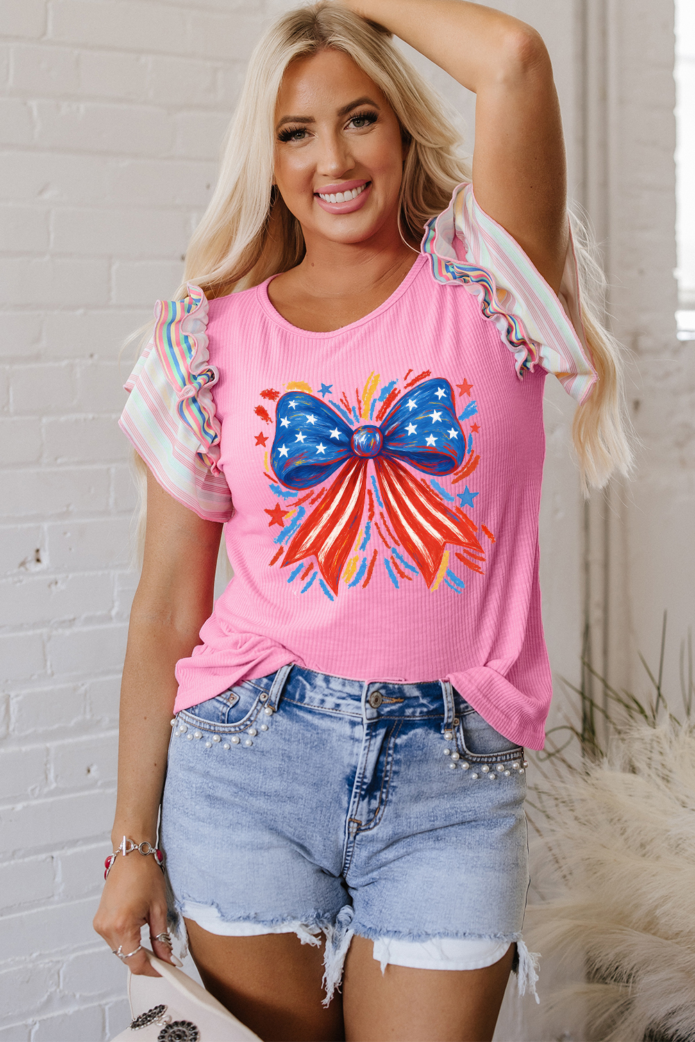 Festive Pink Bowknot Graphic Tee with Ruffled Sleeves for Independence Day - Detail View 6