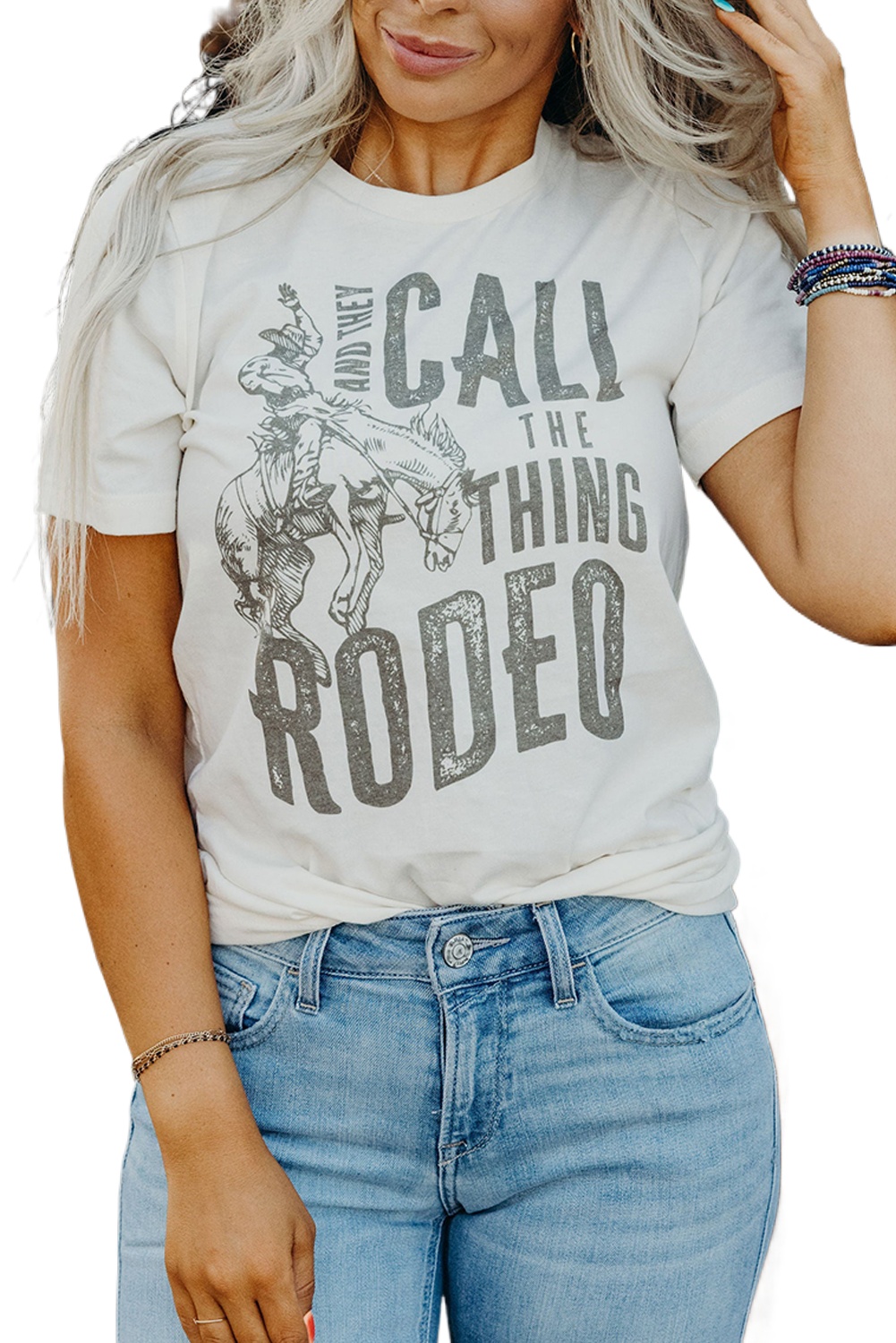Women's White 'AND THEY CALL THE THING RODEO' Graphic Round Neck T-Shirt - Main View