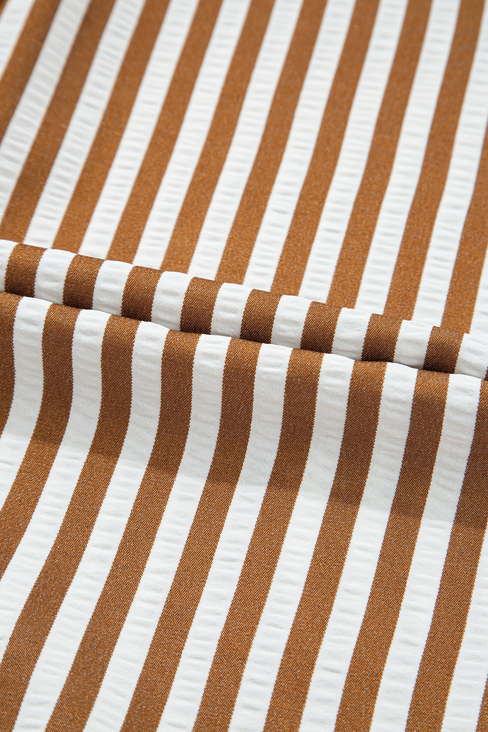 Women's Mini Dress, Brown Stripe, Ruffled Hem, Long Sleeve, Collared, Casual Style, Daily Wear, Modest Fashion, Shift Silhouette, High Waist, Polyester Material, Spring Season, Elegant Design, Pocket Detail - Detail View 12