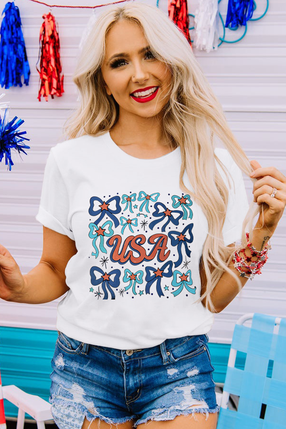 Cute Bow Print and USA Letter Pattern T-Shirt for Summer Celebrations - Detail View 2