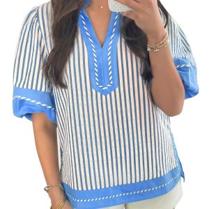 Women's Sky Blue Stripe V Neck Blouse – Casual Short Sleeve Top for Daily Wear - Main View