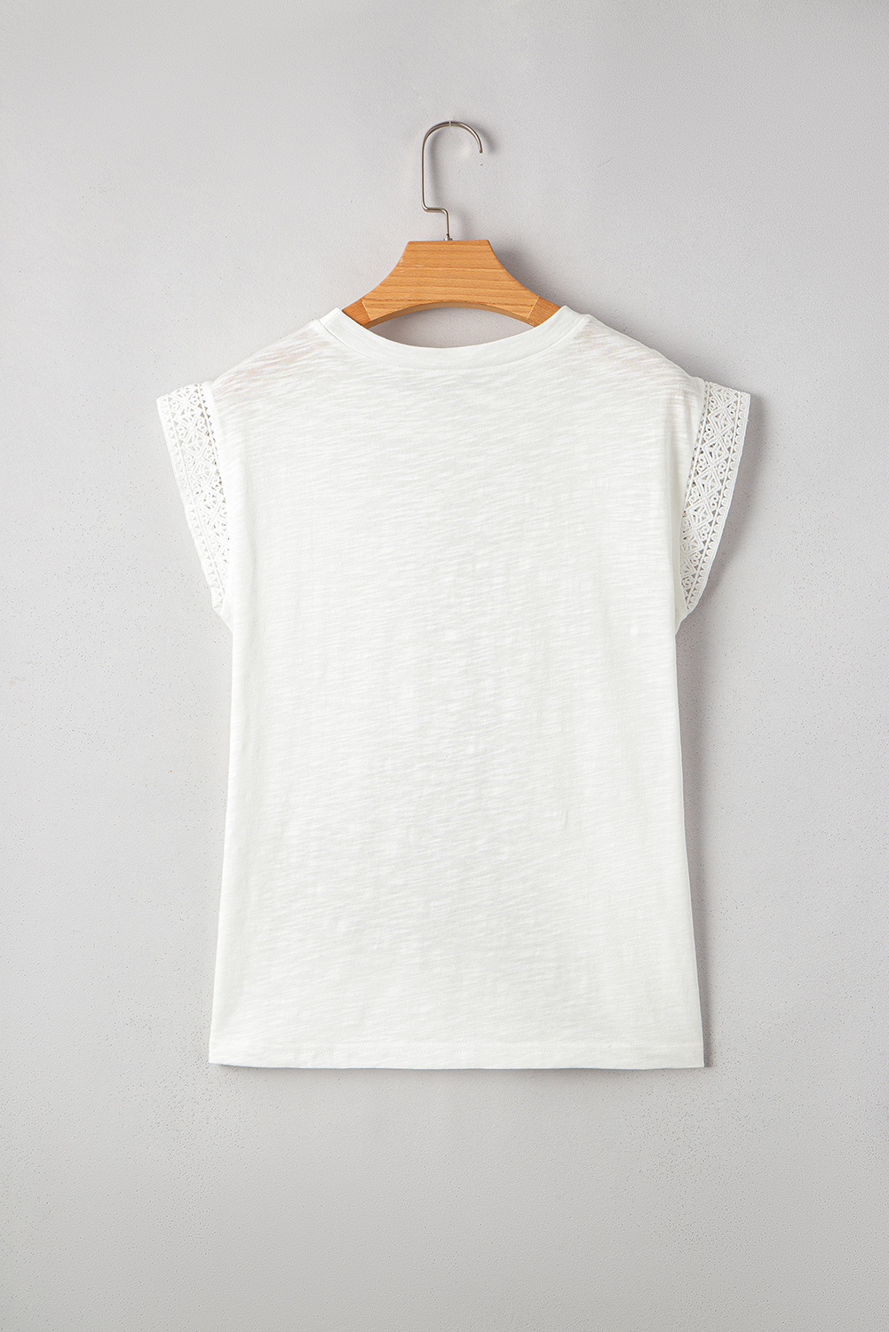 Women's White Lace Patchwork Cap Sleeve Round Neck T-Shirt for Casual and Beach Wear - Detail View 9