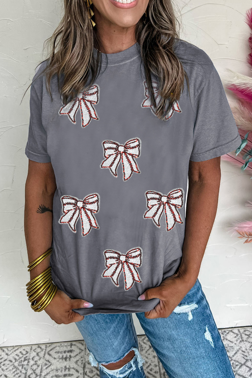 Stylish Gray Baseball Graphic Tee with Sequin Bow Detail - Perfect for Game Day - Detail View 2