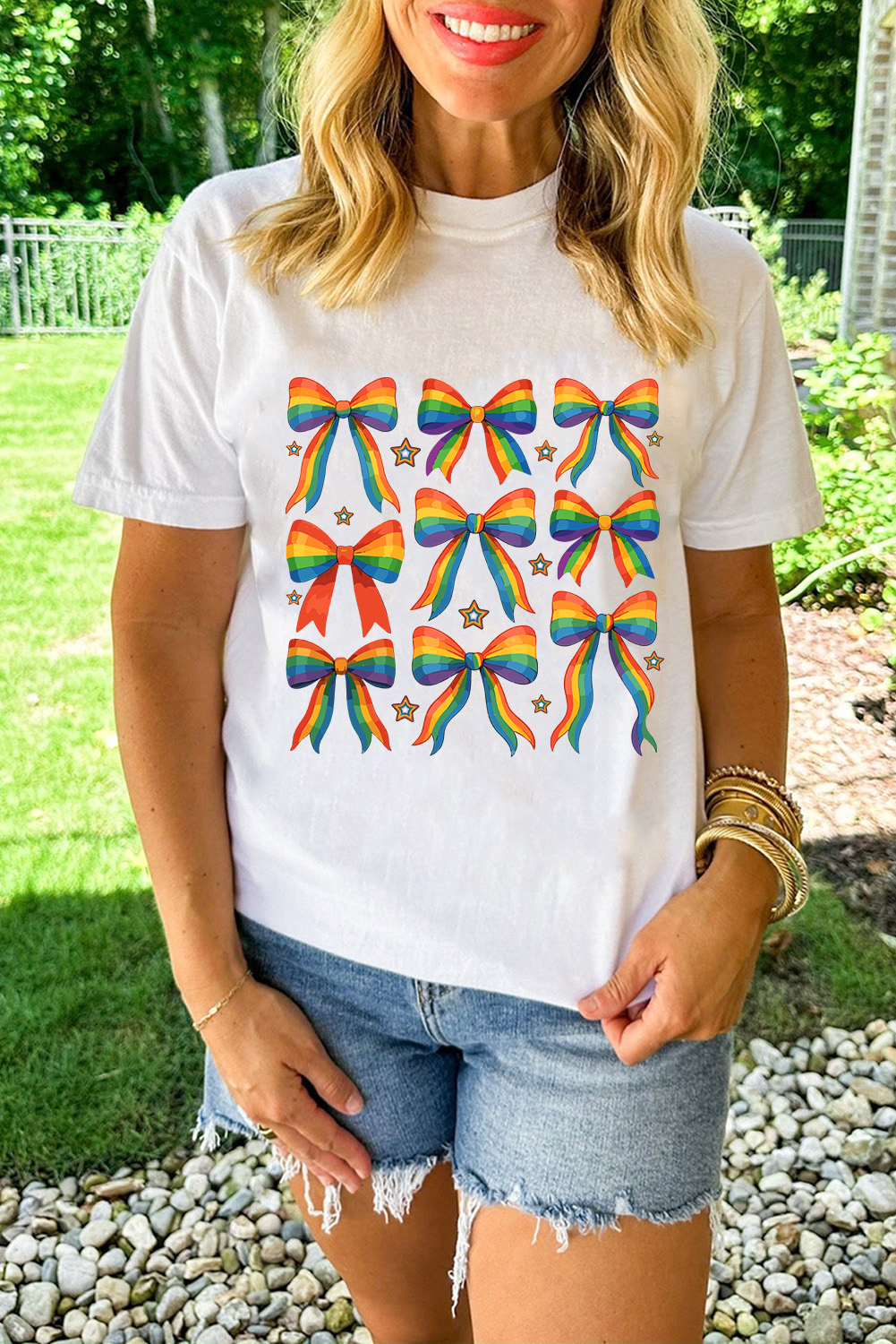 Stylish Short Sleeve Round Neck T-Shirt with Star Print - Perfect for Daily Wear - Detail View 3