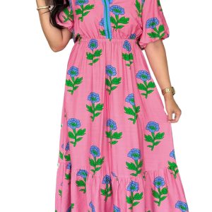 Women's Floral Long Dress – Pink V-Neck Short Sleeve A-Line Shift for Summer Vacation - Main View