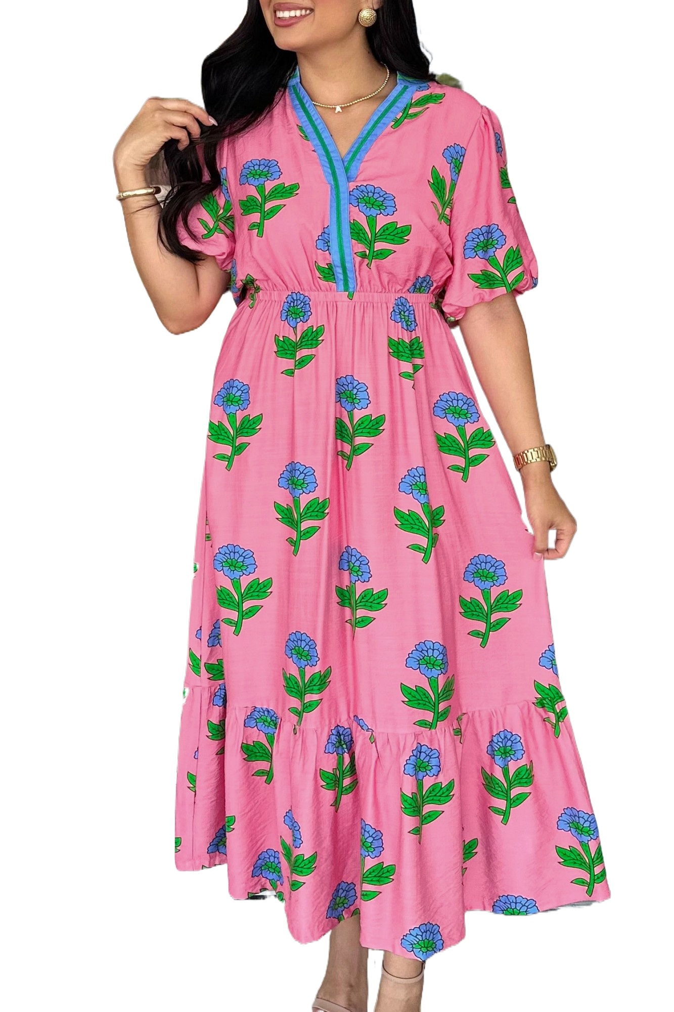 Women's Floral Long Dress – Pink V-Neck Short Sleeve A-Line Shift for Summer Vacation - Main View