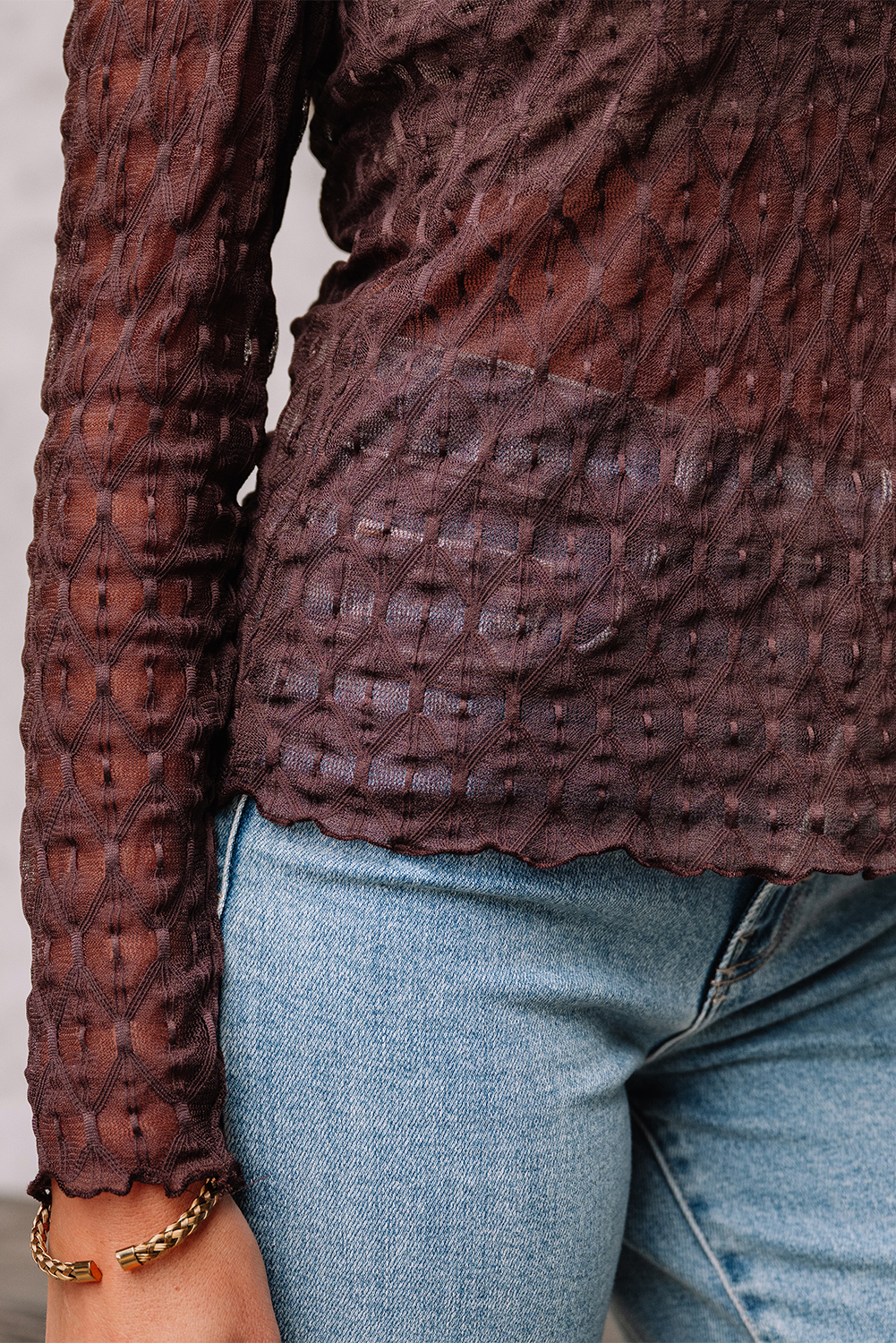 Chic Casual Long Sleeve Top in Coffee - Sheer Fabric & Flattering Silhouette - Detail View 7