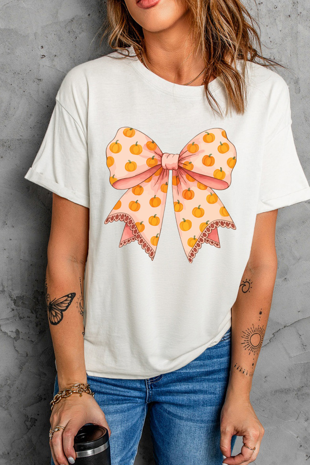 Women's T-Shirt, White Graphic Tee, Thanksgiving, Pumpkin Print, Bow Design, Casual Style, Short Sleeve, Daily Wear, Fall Collection, Comfortable Fit, Quality Cotton Blend, Chic Design, Shift Silhouette, Round Neck - Detail View 8