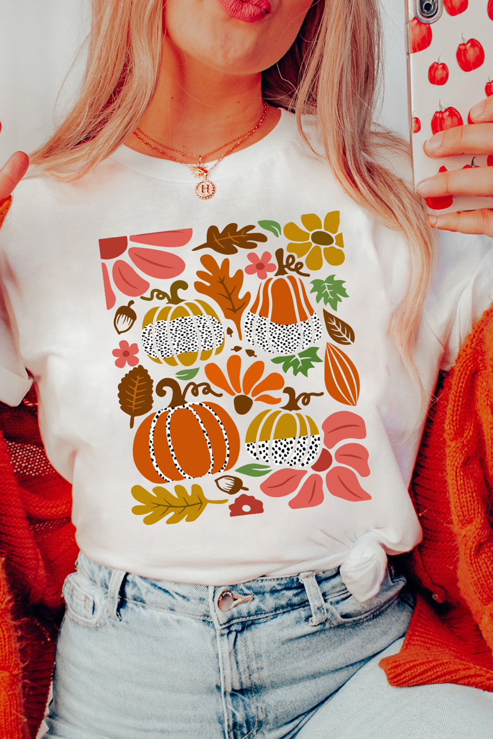 Women's White Pumpkin Flower Print Graphic Tee - Casual Fall Vibe - Detail View 5