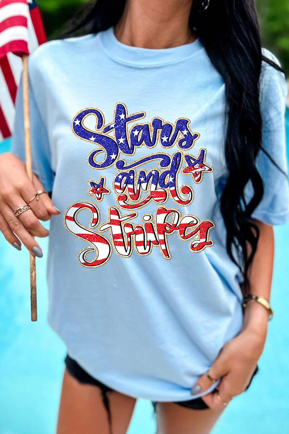 Casual Round Neck Short Sleeve Tee with Bold American Flag Design for Independence Day - Detail View 2