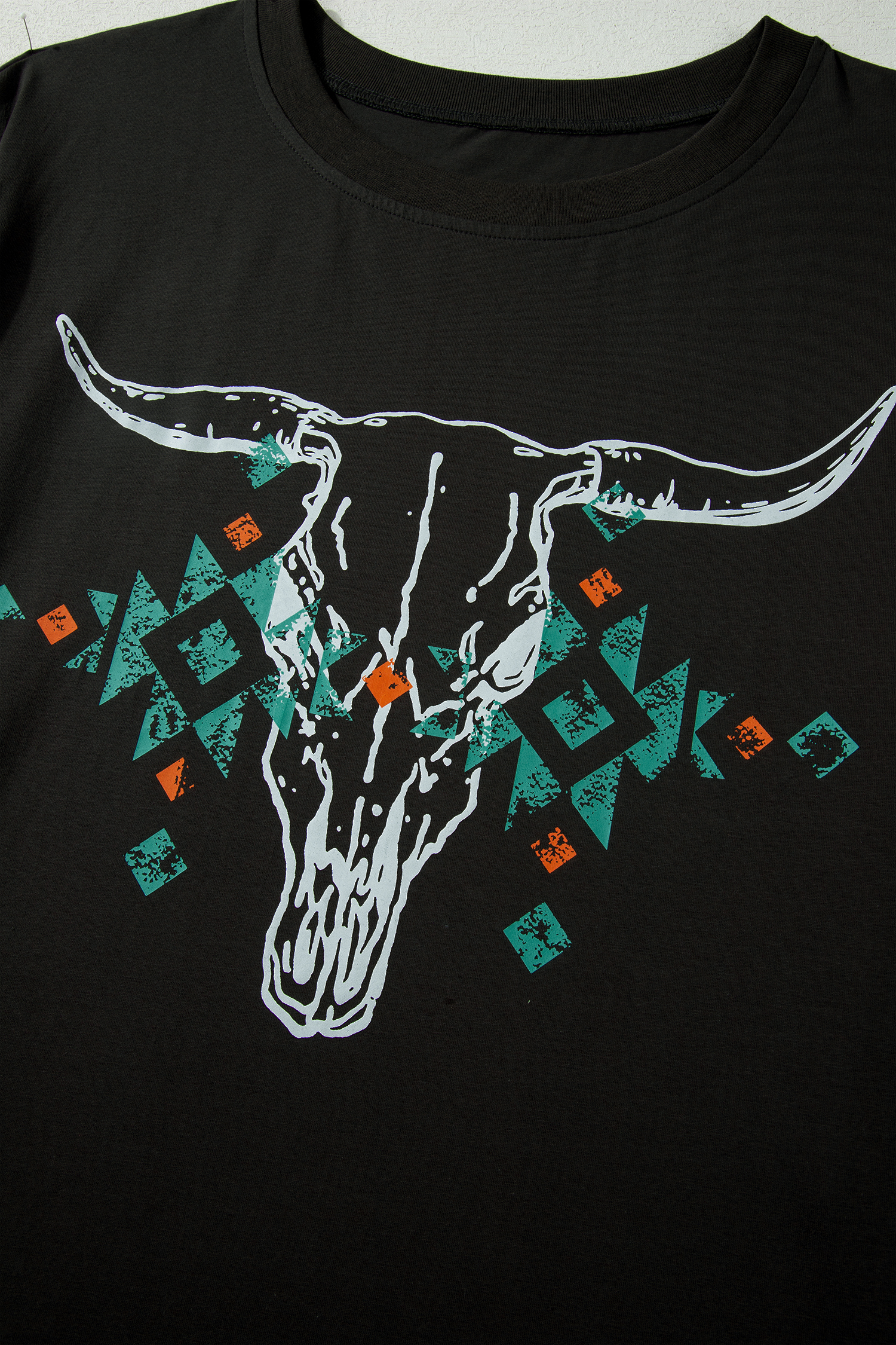Plus Size Women's Carbon Grey Western T-Shirt – Aztec Bull Skull Print, Short Sleeve Round Neck for Summer Daily Wear - Detail View 7
