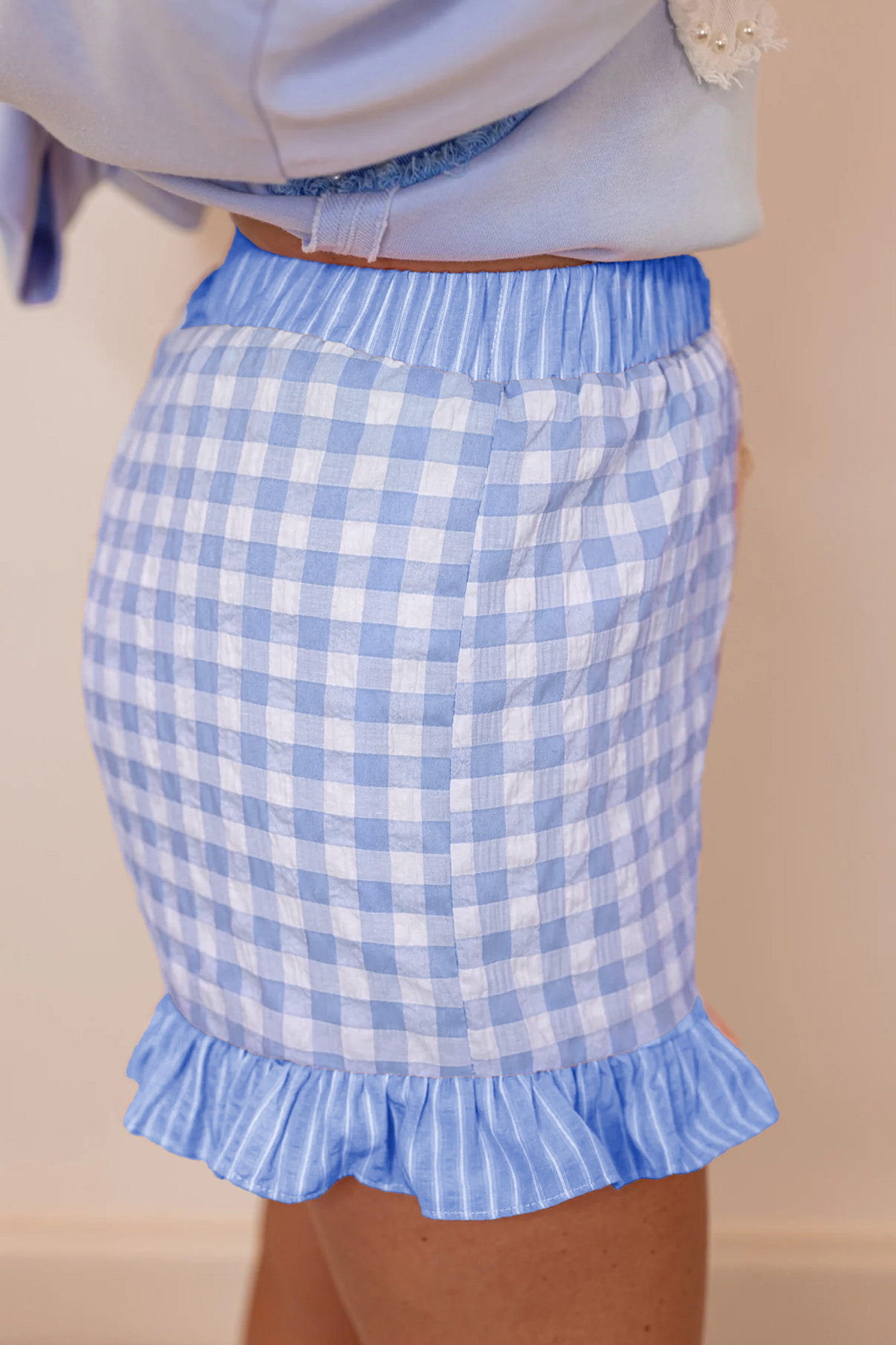 Chic Sky Blue Plaid Ruffle Shorts – Comfortable High Waist Daily Wear for Women, Summer Vacation Style - Detail View 3