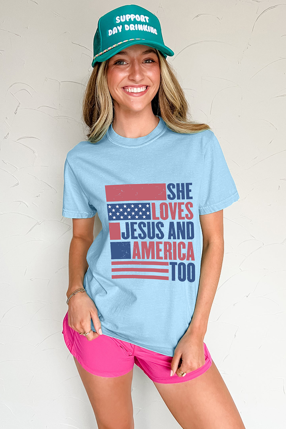 Women's Light Blue 'SHE LOVES JESUS AND AMERICA TOO' Flag Graphic T-Shirt - Detail View 5