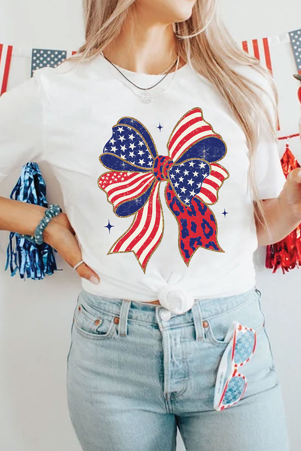 Women's Patriotic White Stars and Stripes Bow Print T-Shirt for 4th of July - Detail View 5