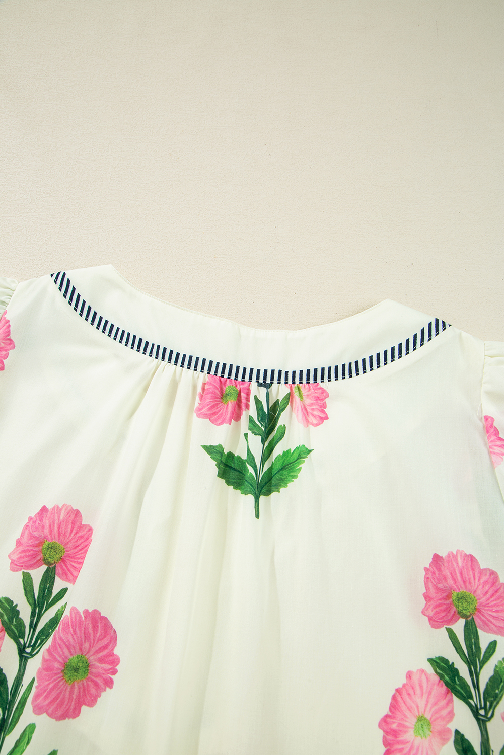 Women's Apricot Floral Short Sleeve Mini Dress with Split Neck and Contrast Trim - Detail View 9