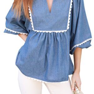 Women's Dusk Blue Lace Ric Rac 3/4 Puff Sleeve Collared Babydoll Blouse - Main View