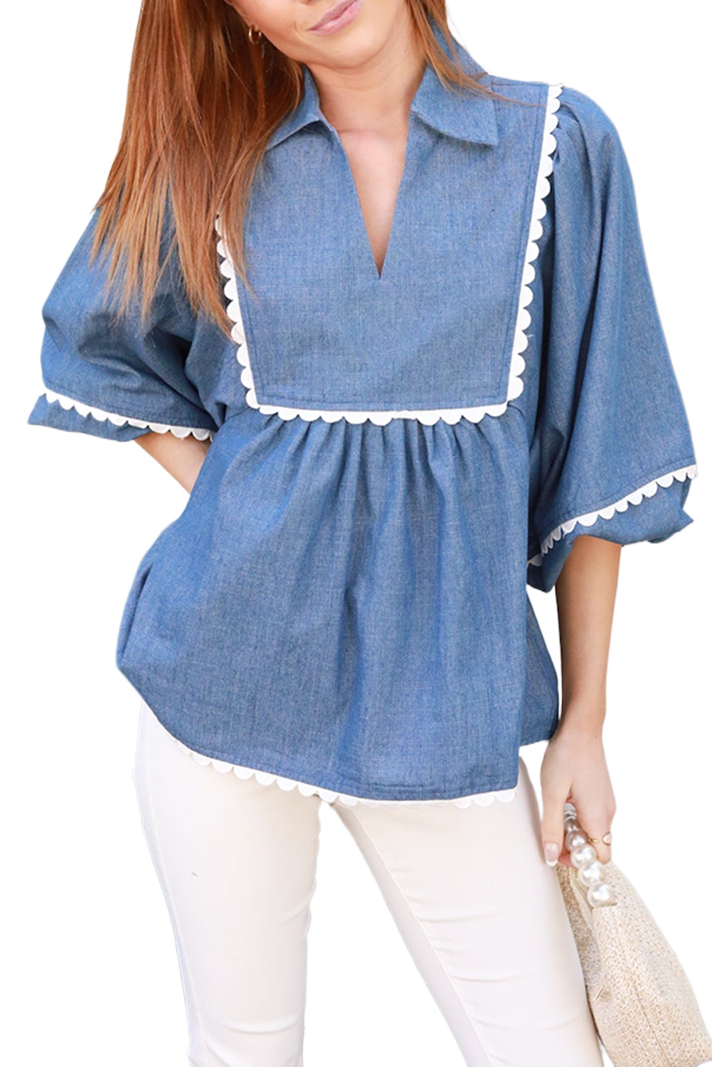 Women's Dusk Blue Lace Ric Rac 3/4 Puff Sleeve Collared Babydoll Blouse - Main View