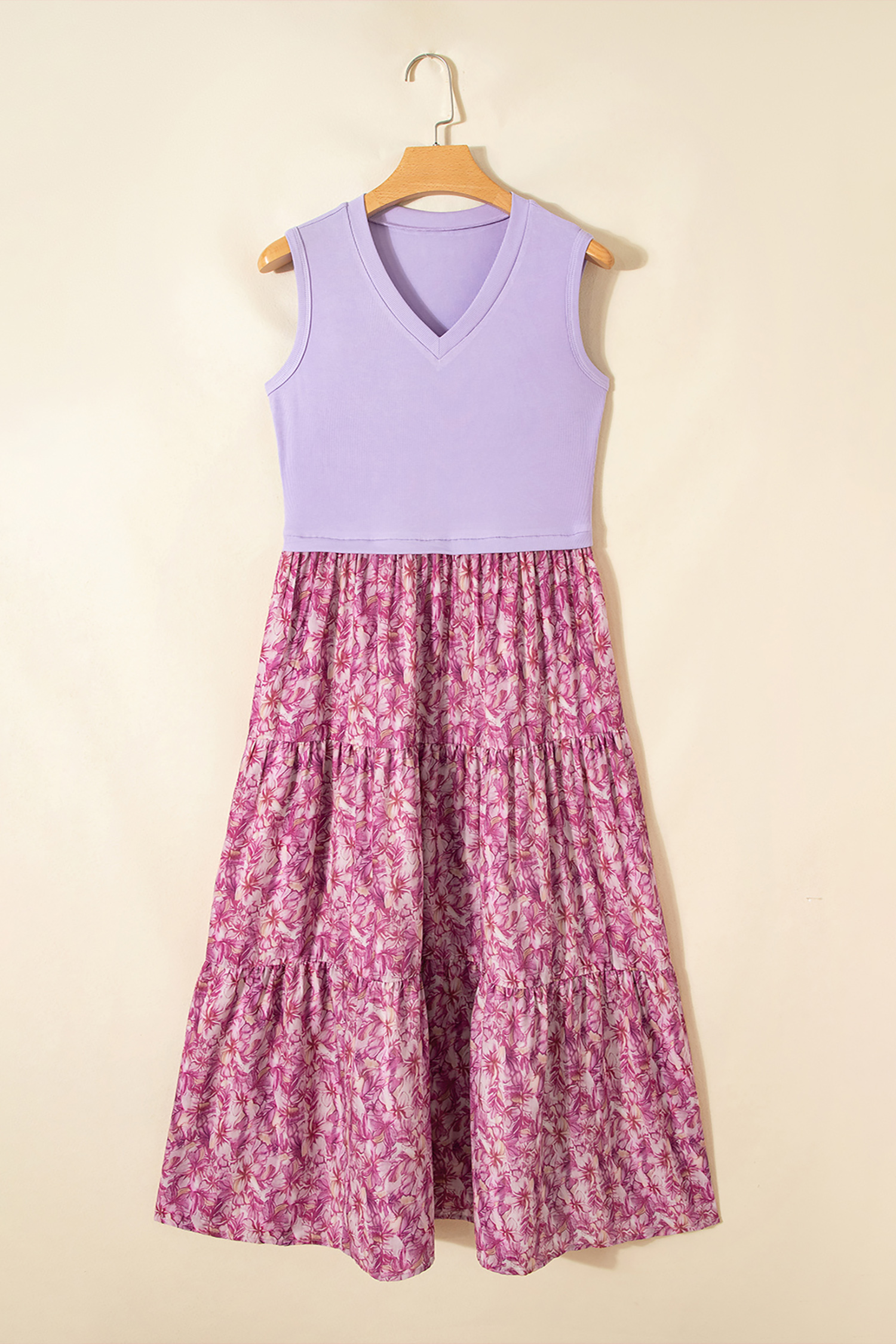 Southern Belle Purple Floral Maxi Dress for Women – V-Neck Sleeveless, Patchwork Design, Gift Idea - Detail View 3