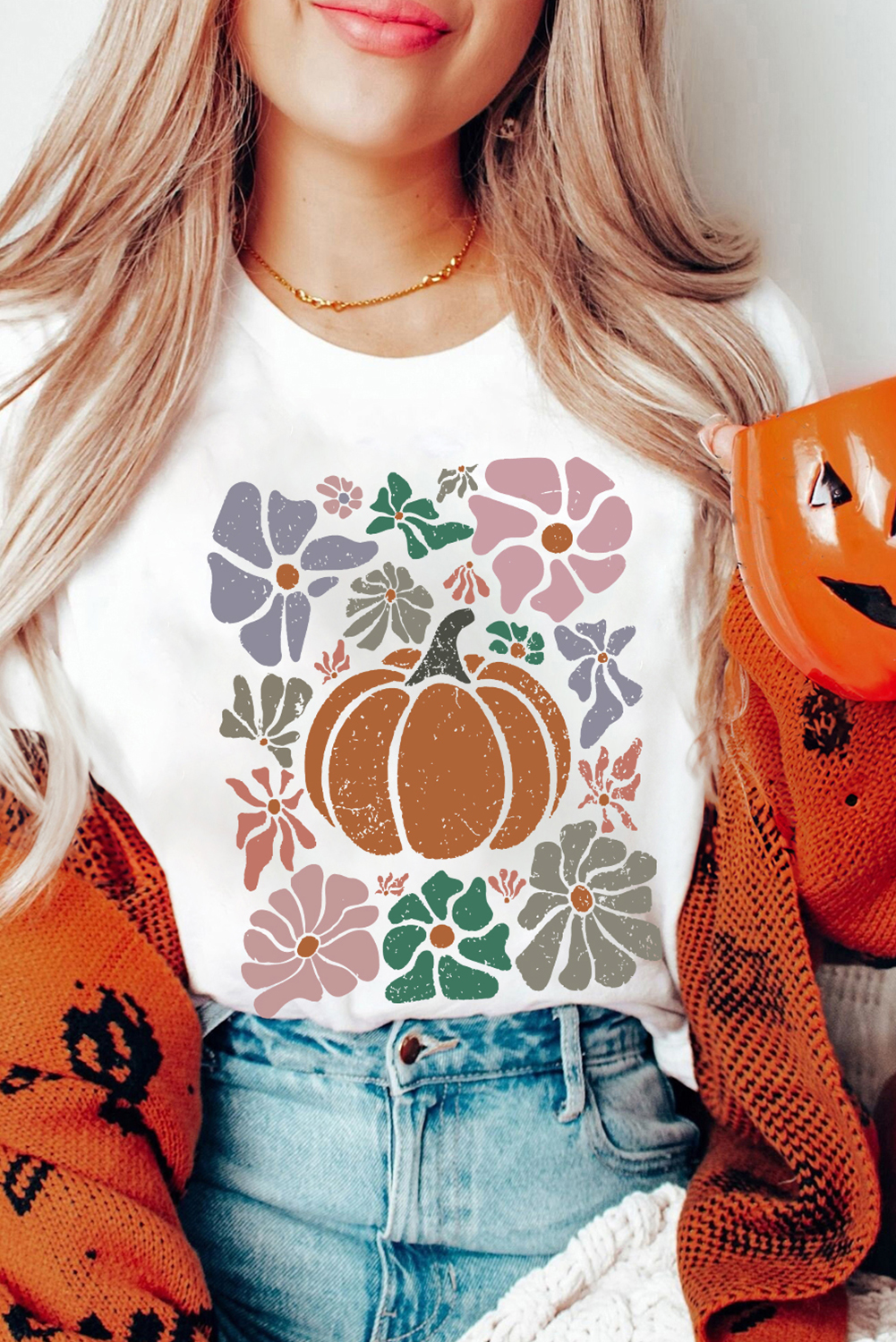 Women's White Flower Pumpkin Distressed Graphic T-Shirt for Thanksgiving - Detail View 5