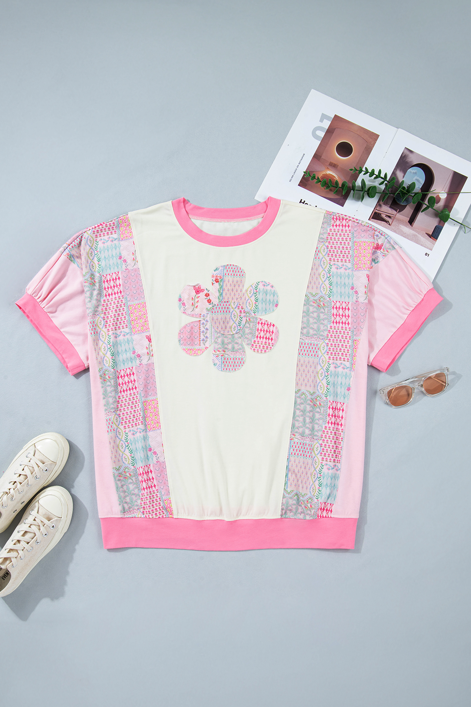 Beige Colorblock Patchwork T-Shirt for Women – Short Sleeve Embroidered Floral Summer Top - Detail View 3