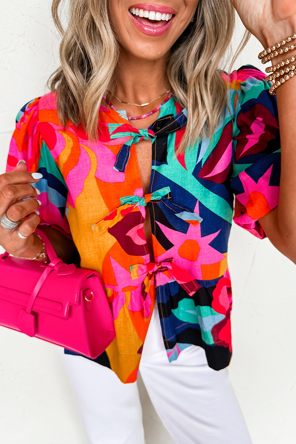 Vibrant Red Abstract Print Blouse - Feminine Puff Sleeves and Knot Detail - Detail View 2