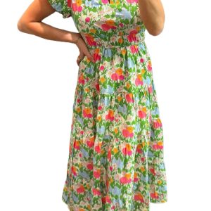 Women's Green Floral Maxi Dress – Smocked V-Neck Cotton Summer Vacation Outfit - Main View